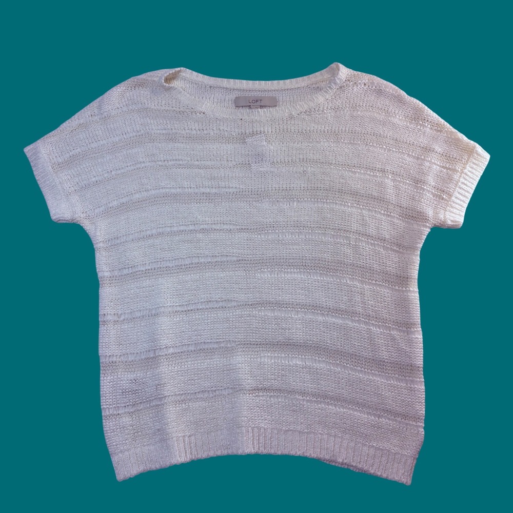 Loft Womens Cream White Striped Open Knit Short Sleeve Sweater Size L NWT